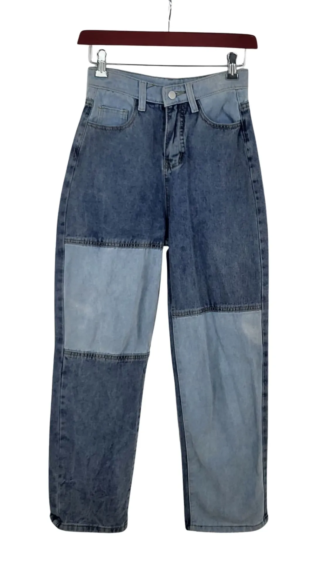 Jeans Patchwork Bicolor Mujer Azul – Straight Leg Talla S (Ver Medidas)