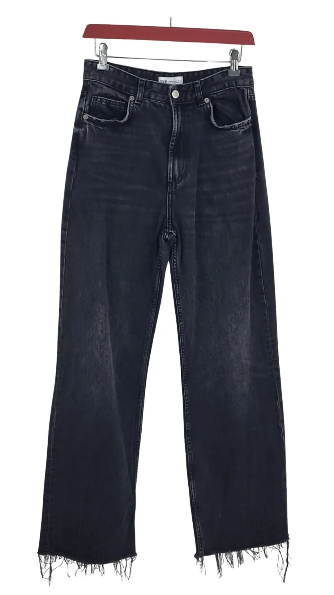 Jeans Zara Mujer Negro Lavado Wide Leg – Bajo Deshilachado Talla 40 (Medida 38)