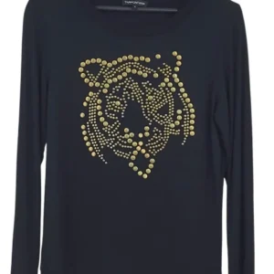 Camiseta Tramontana Mujer Negra Tigre Tachuelas Doradas – 100% Algodón Talla S