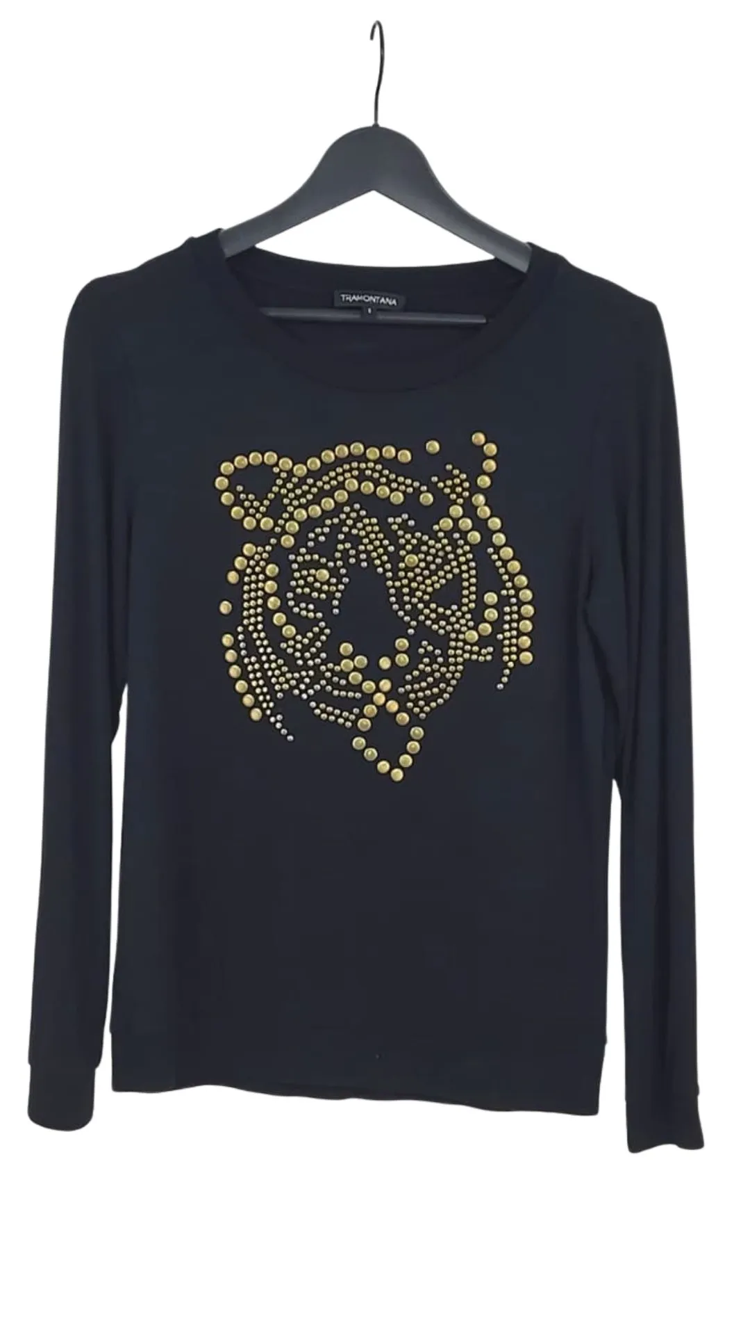 Camiseta Tramontana Mujer Negra Tigre Tachuelas Doradas – 100% Algodón Talla S