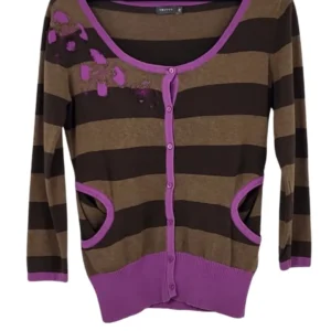 Cárdigan Trucco Mujer Rayas Marrón y Violeta – Bordado Floral Talla M (38)