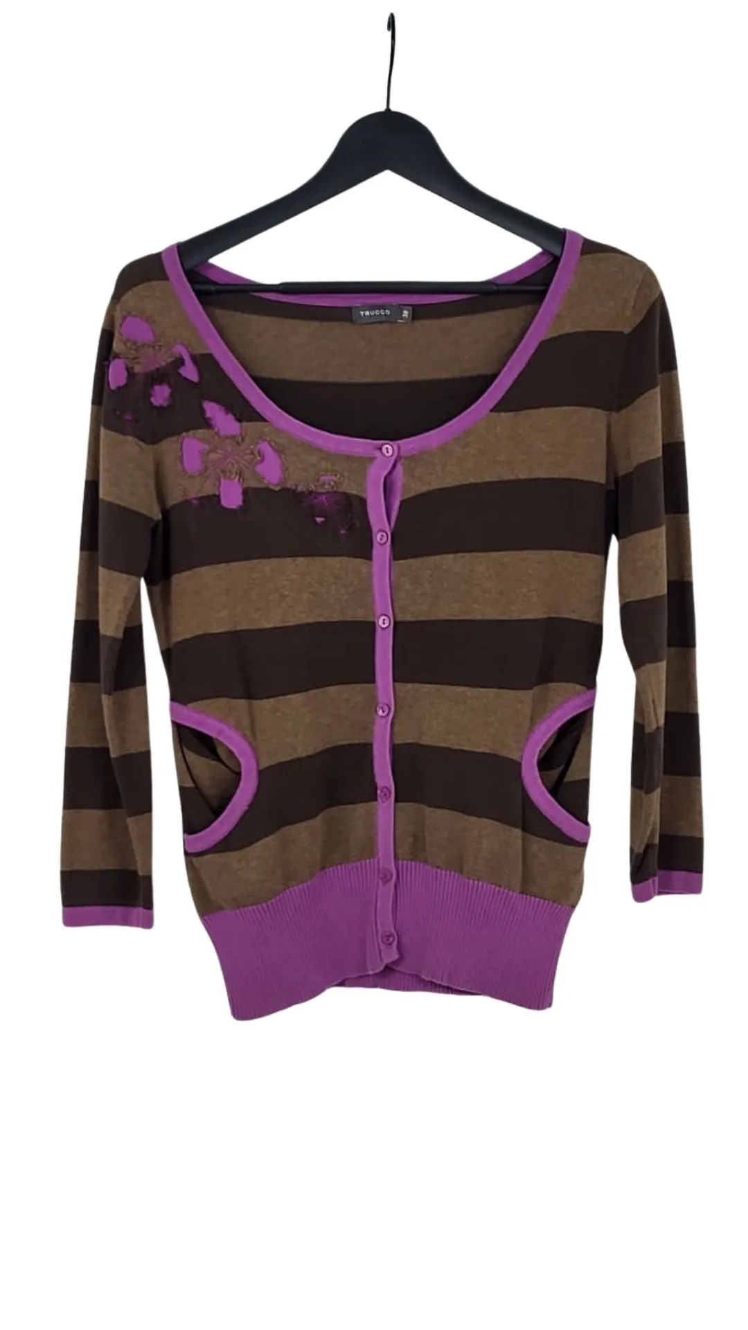 Cárdigan Trucco Mujer Rayas Marrón y Violeta – Bordado Floral Talla M (38)