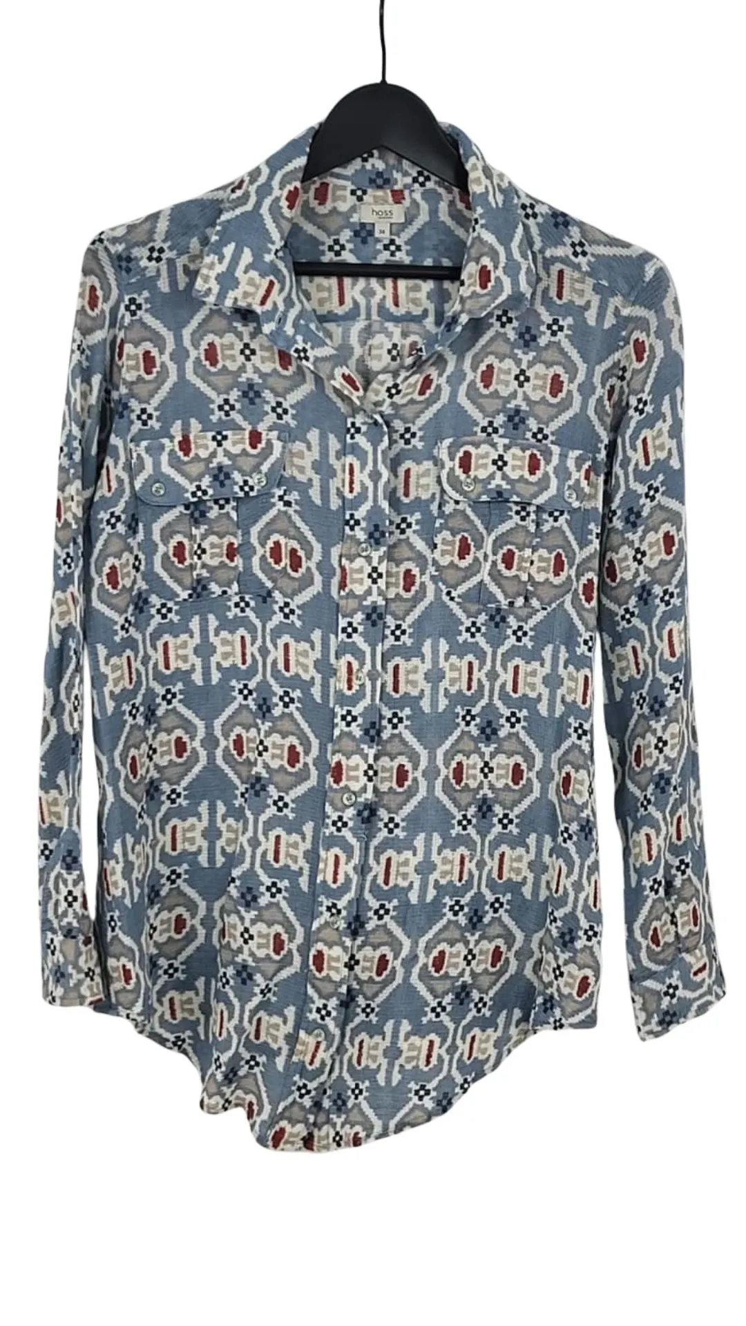Camisa Hoss Intropia Mujer Estampado Ikat Azul y Rojo – Talla 38 (M)