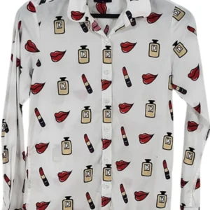 Camisa Dioufond Mujer Blanca Estampado Besos y Pintalabios – Talla M