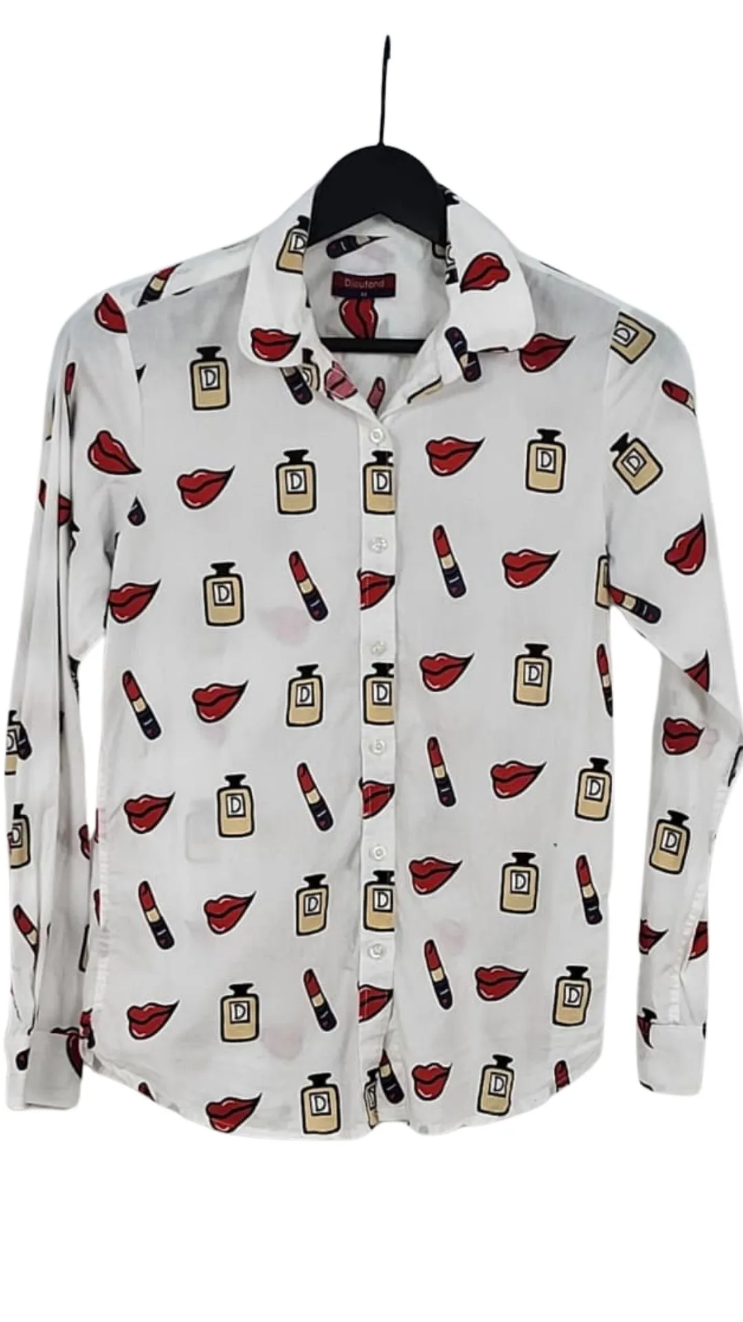 Camisa Dioufond Mujer Blanca Estampado Besos y Pintalabios – Talla M