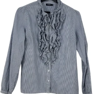Camisa Purdey Mujer Rayas Azules con Volantes Jabot – Talla L (40)