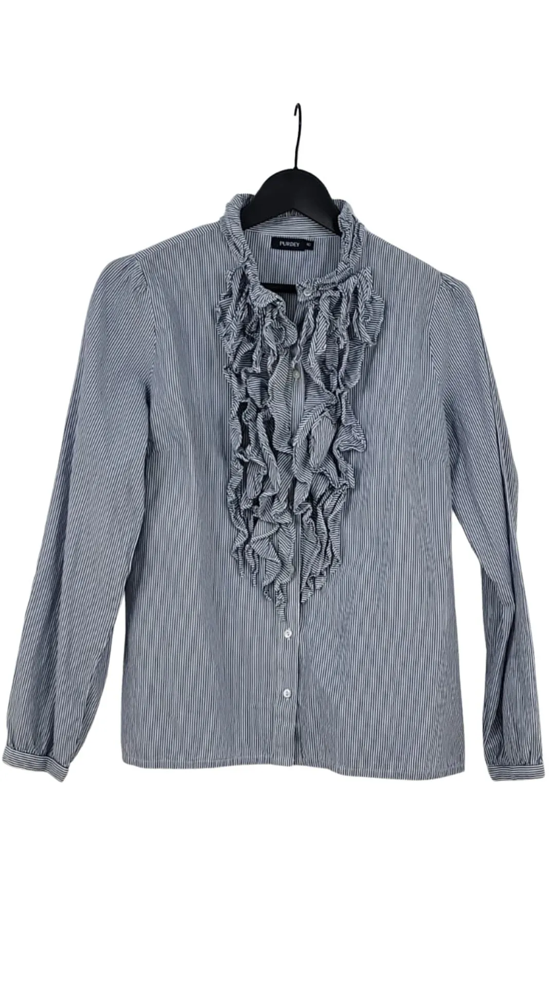Camisa Purdey Mujer Rayas Azules con Volantes Jabot – Talla L (40)