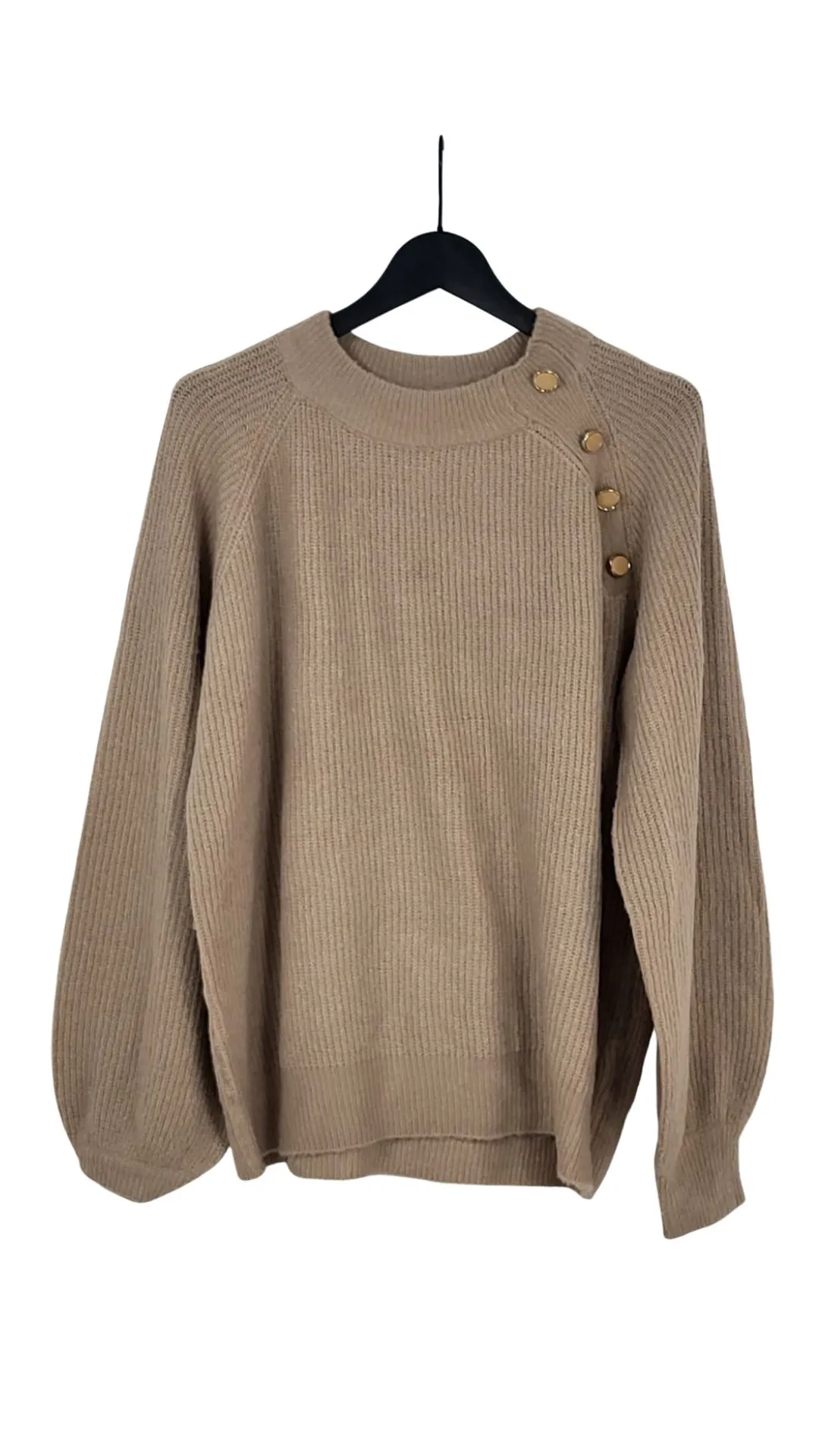 Jersey Mujer Beige Punto Canalé Botones Dorados Hombro – Talla XL (42-44)