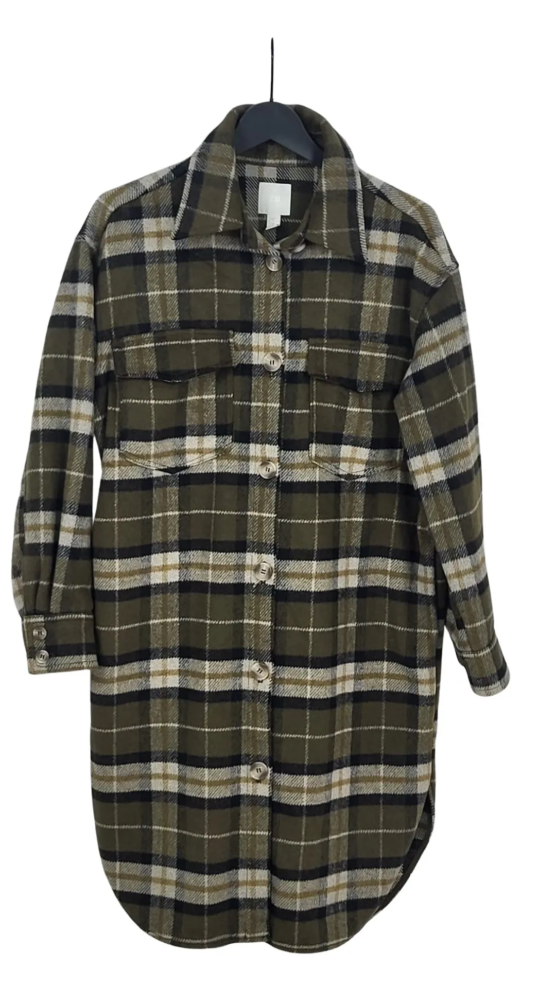 Sobrecamisa Larga H&M Mujer Cuadros Verde Militar (Shacket) – Talla S