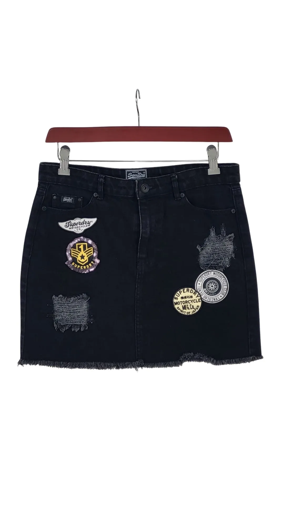 Falda Vaquera Superdry Mujer Negra Parches Moteros y Lentejuelas – Talla M (W26)