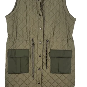 Chaleco Largo Acolchado Kaffe Curve Mujer Verde Oliva Cintura Ajustable – Talla 48 (4XL)