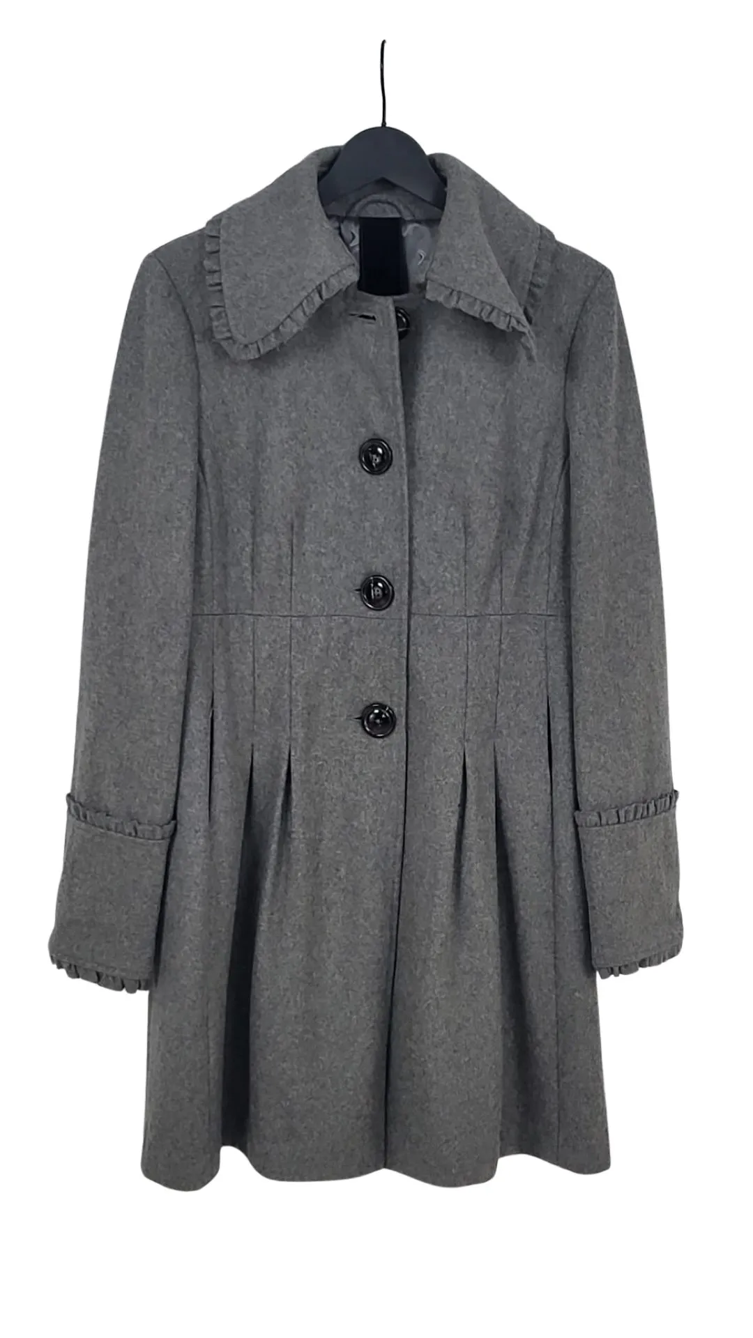 Abrigo Spoom Mujer Gris Lana Corte Vuelo Cuello Volantes – Talla M