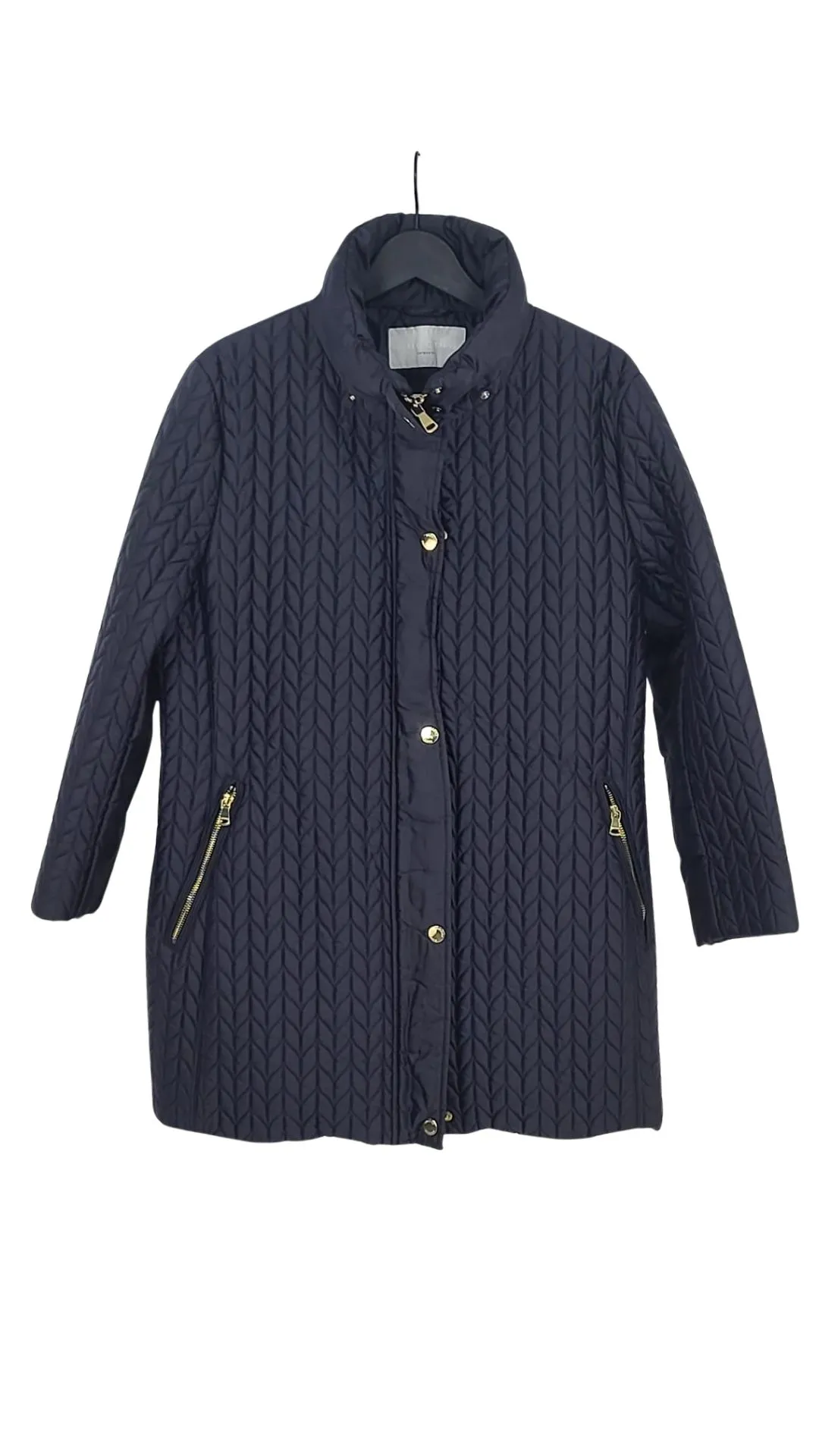 Abrigo Acolchado Buccino Mujer Azul Marino Chevron Detalles Dorados – Talla 48 (4XL)